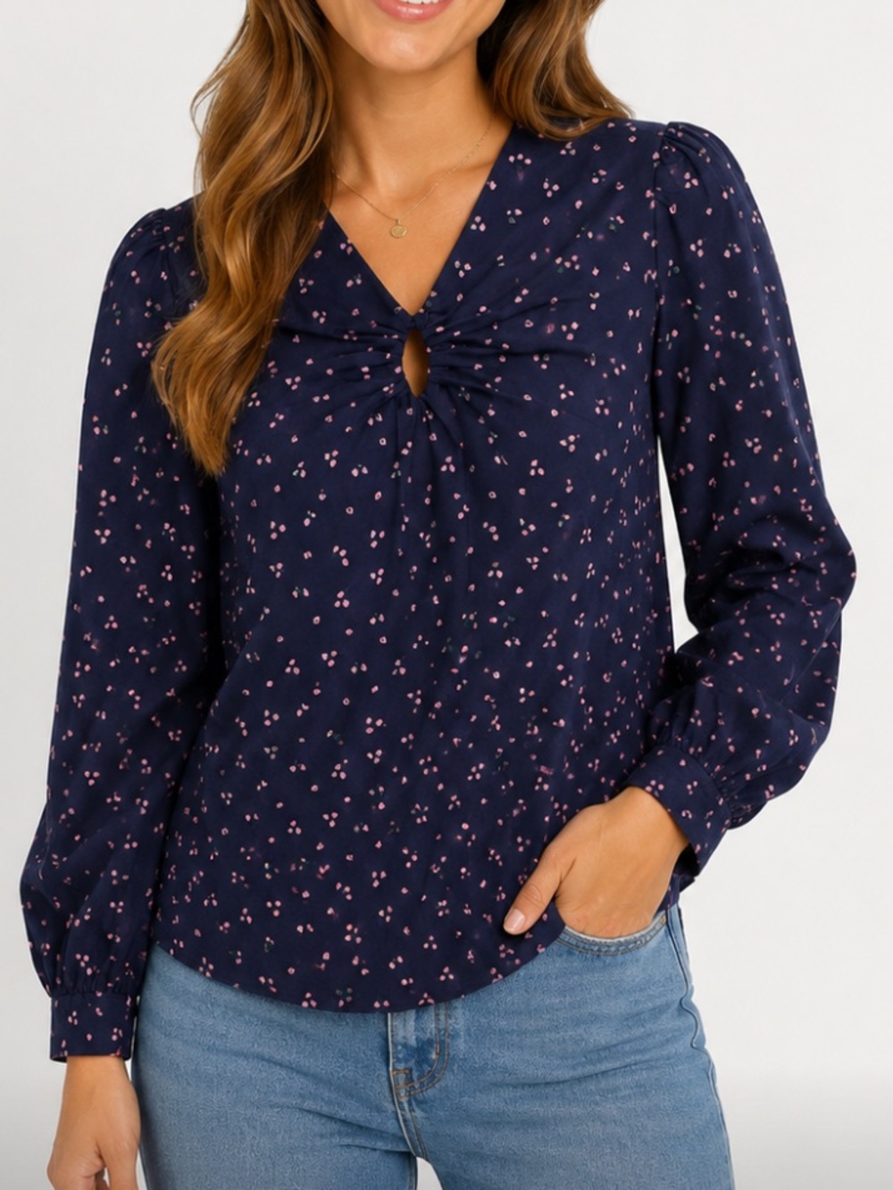 La vie Rebecca Taylor navy floral cotton poplin keyhole blouse sz m